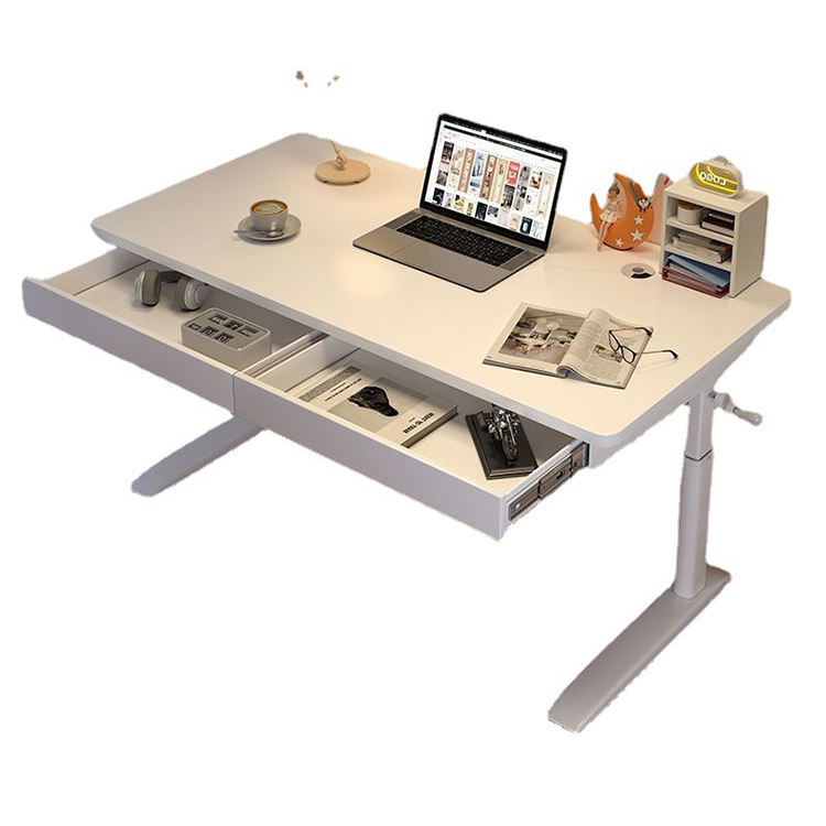 White Wooden Manual Height Adjustable Computer Gaming Desk With Storage For Living Room